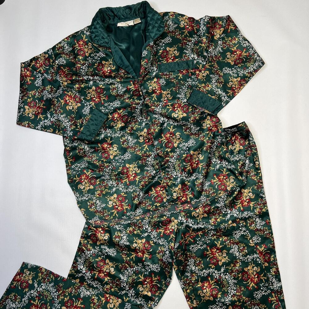 Vintage Victoria's Secret Pajama Set Womens Small Green Floral Quilted Satin 90s